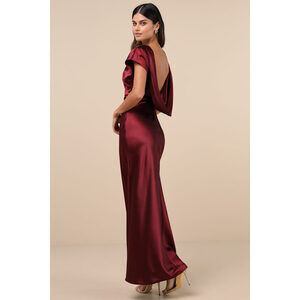 Lulus Captivating Presence Wine Red Satin Cowl Back Maxi Dress - Size L